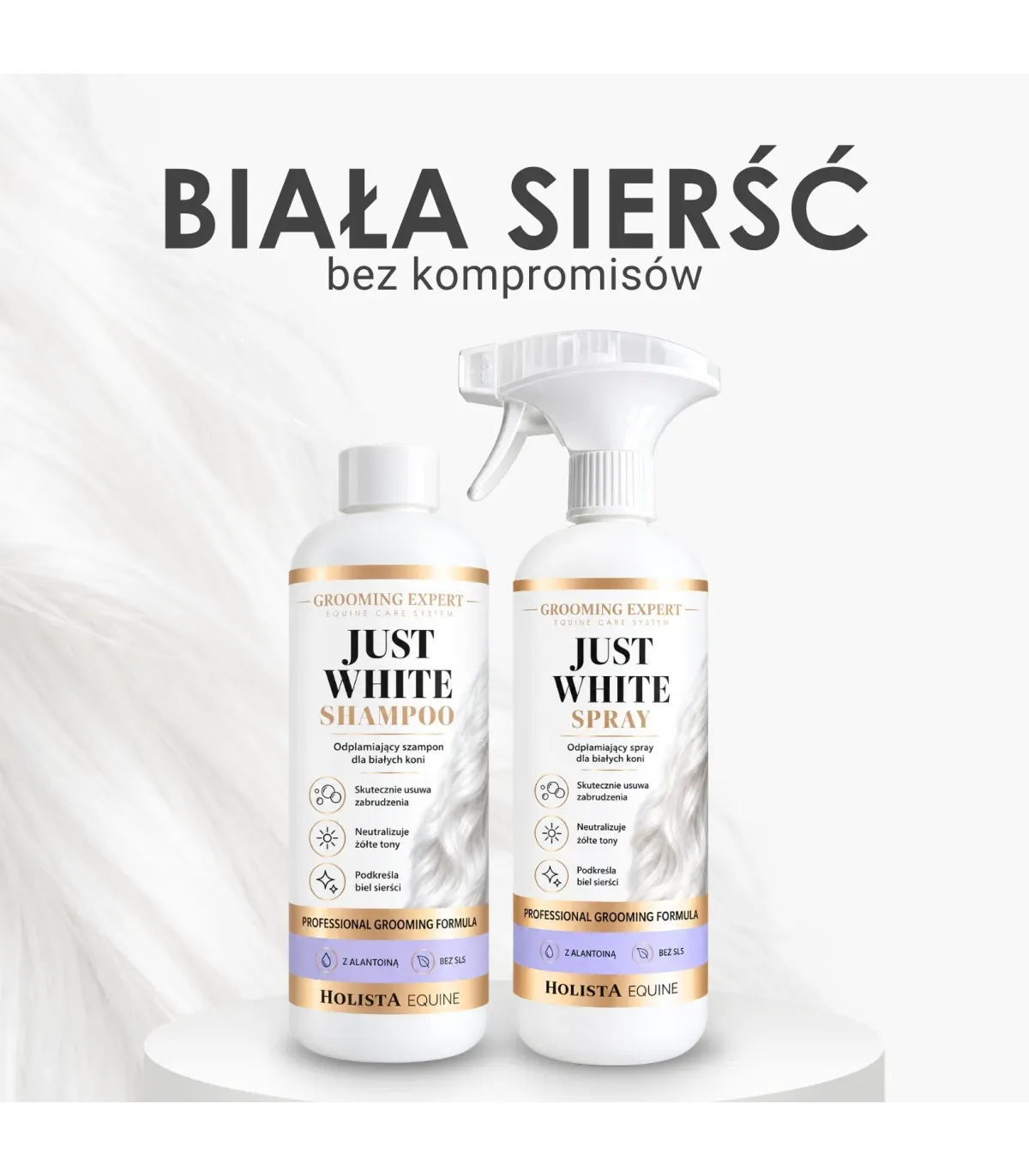 Kompleksowa pielęgnacja sierści białych koni - Just White Spray & Shampoo