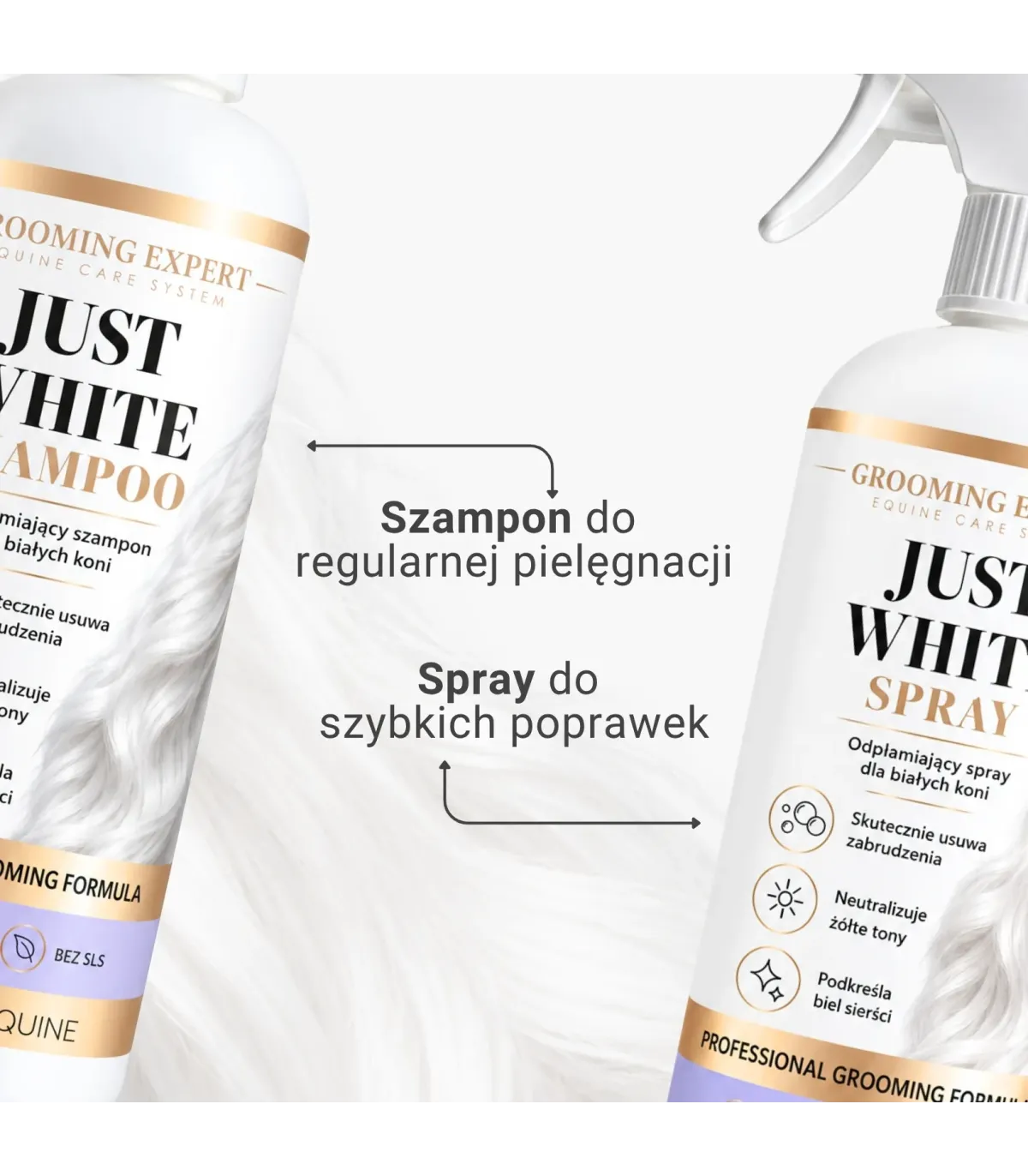 Kompleksowa pielęgnacja sierści białych koni - Just White Spray & Shampoo
